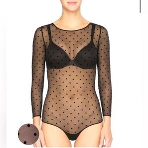 SPANX - Smoothing Mesh Flocked Dot Thong Bodysuit sheer